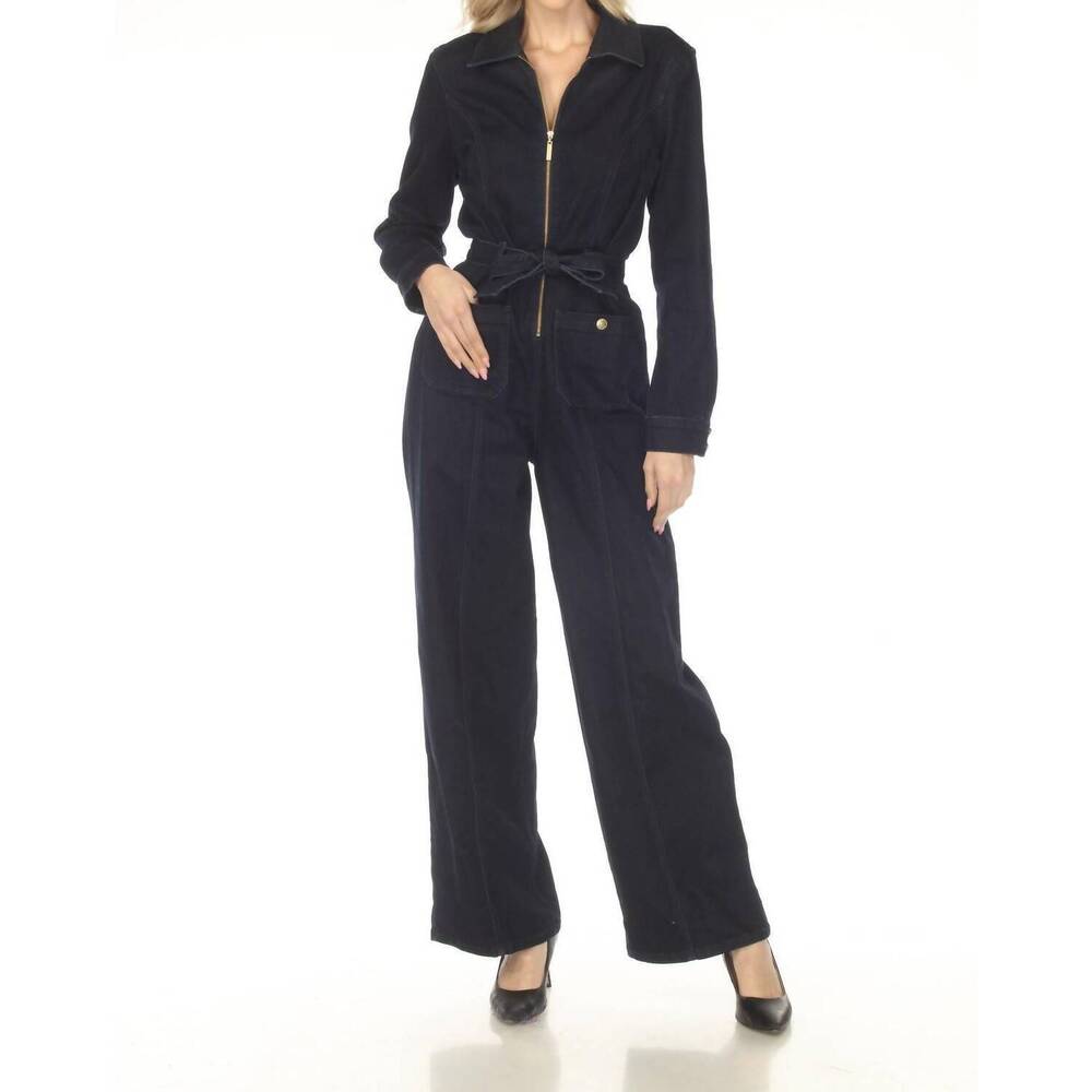 NEW JOSEPH RIBKOFF zip front belted denim jumpsuit in indigo blue